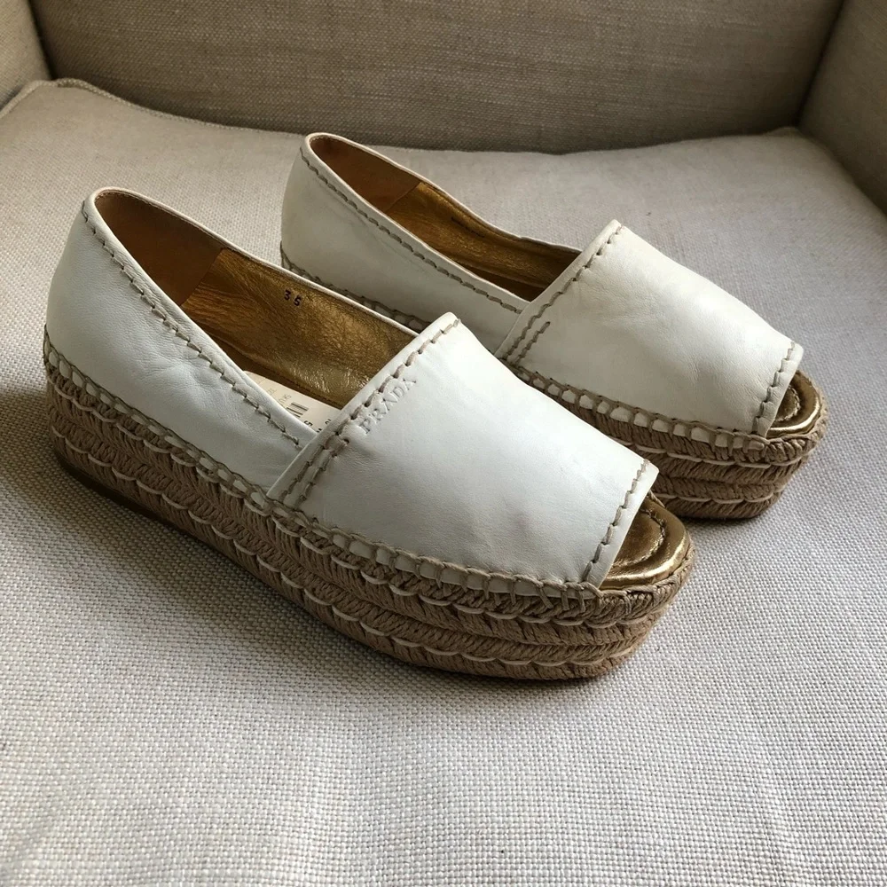 Prada Espadrille Sandals Platform White Leather US 5